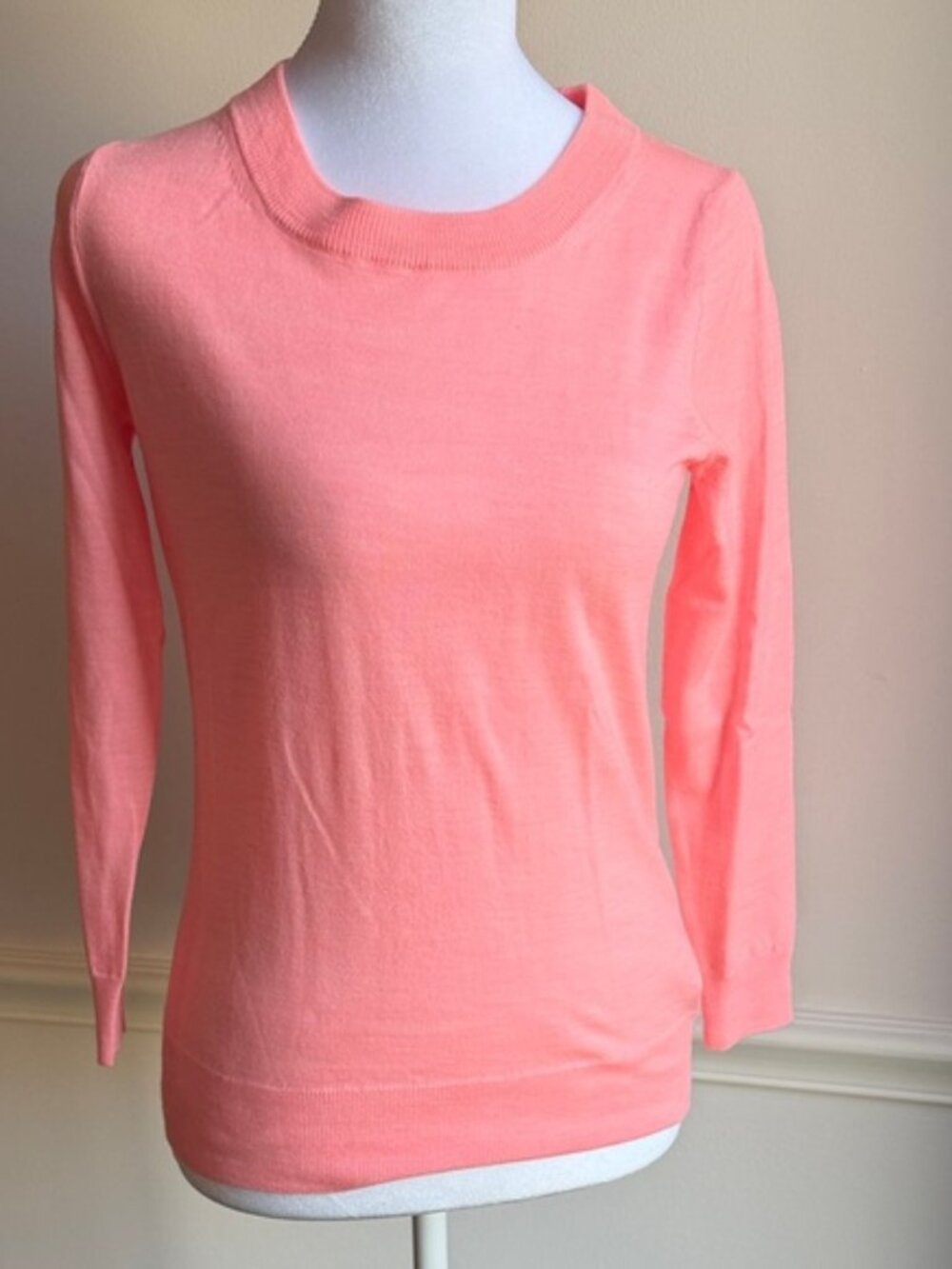 J.Crew merino wool sweater pink carnation 3/4 sleeves ribbed crewneck Small EUC